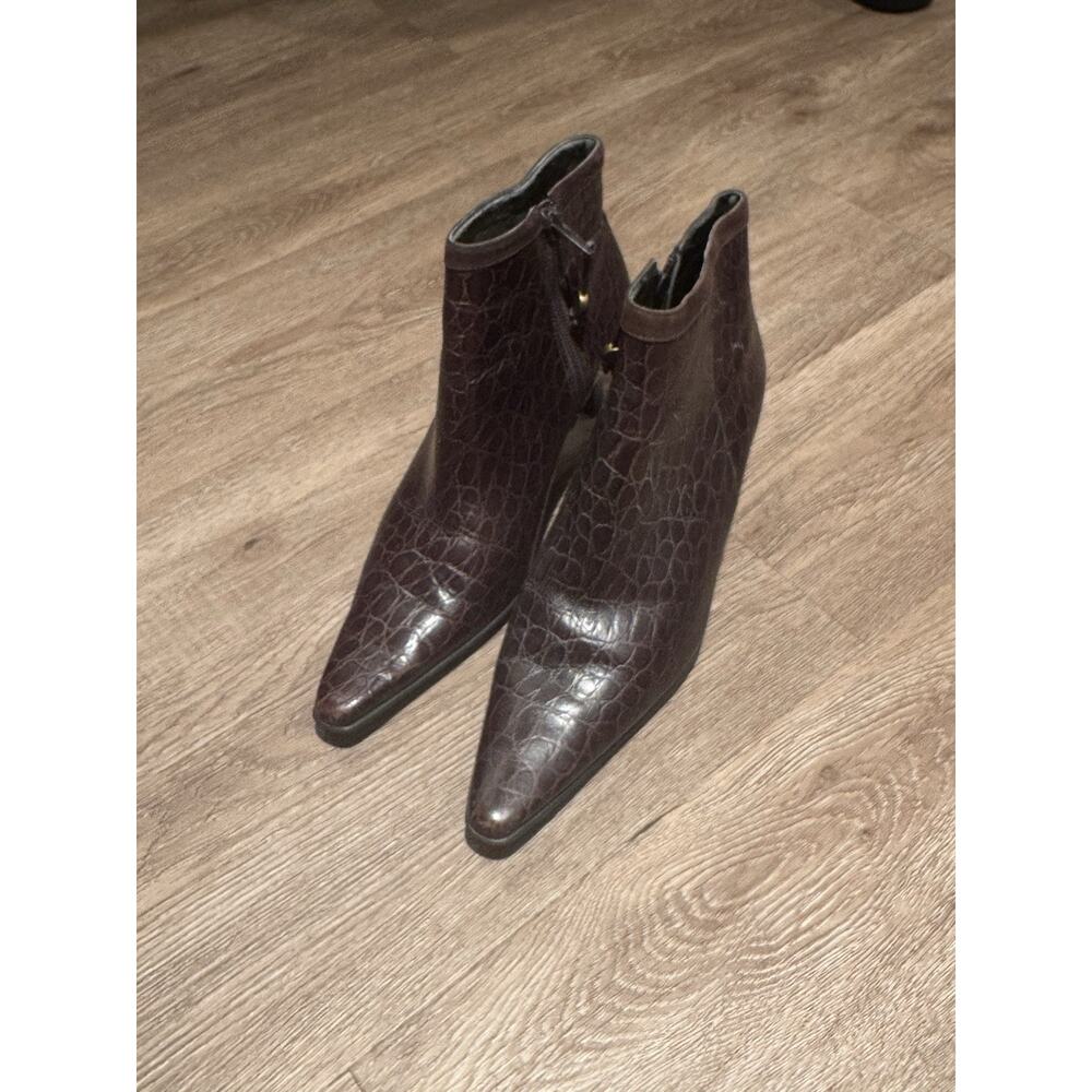 Ralph Lauren Brown Crocodile Embossed Leather Pointed Toe Ankle Bootie Zip